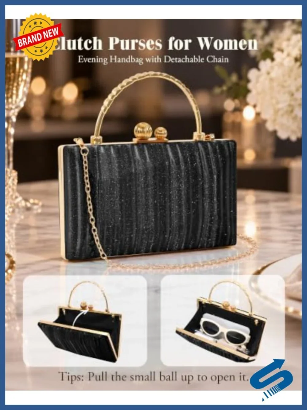 WHIPPY Glitter Clutch Purse Hard Box Evening Bag with Detachable Chain Strap
